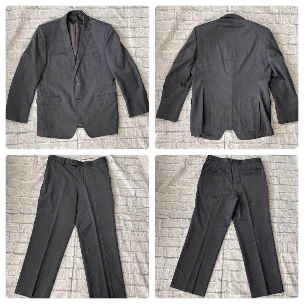 J Lawrence for men 44R 2 piece 100% wool suit 38/32 pants grey w/pin stripe
